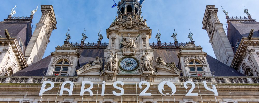 Paris, France - March 4, 2024: Detail of the facade of the town hall of Paris, France, decorated for the Olympic and Paralympic Games. Paris is the host city of the 2024 Summer Olympics